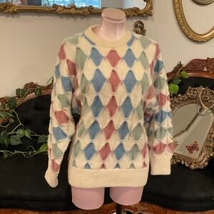 Vintage Argyle Print Crew Neck Shetland Wool Sweater Long Sleeve Size M Beige